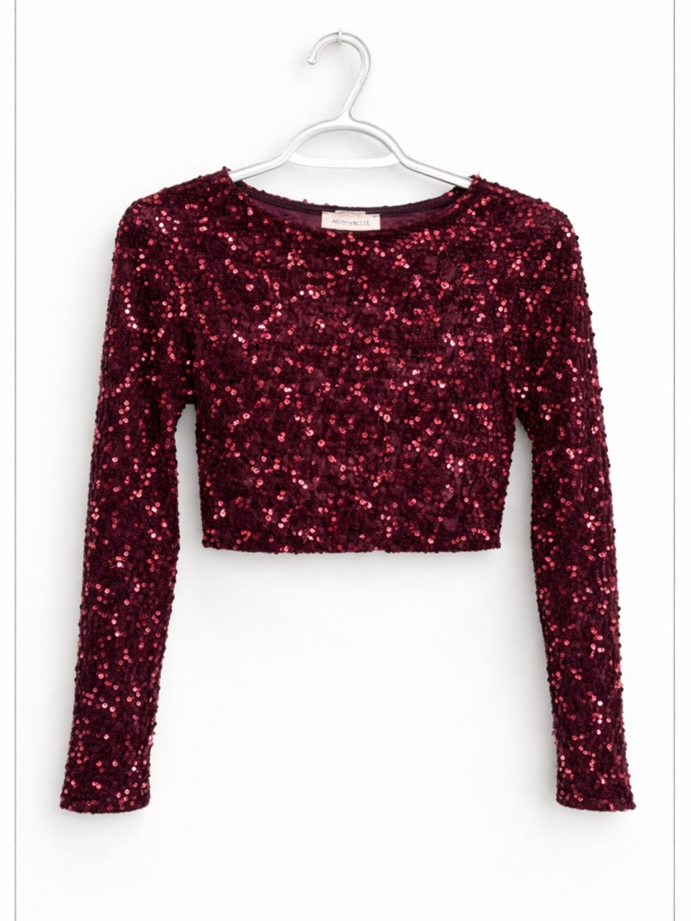 Sequin Crop Long-Sleeve Top - Burgundy